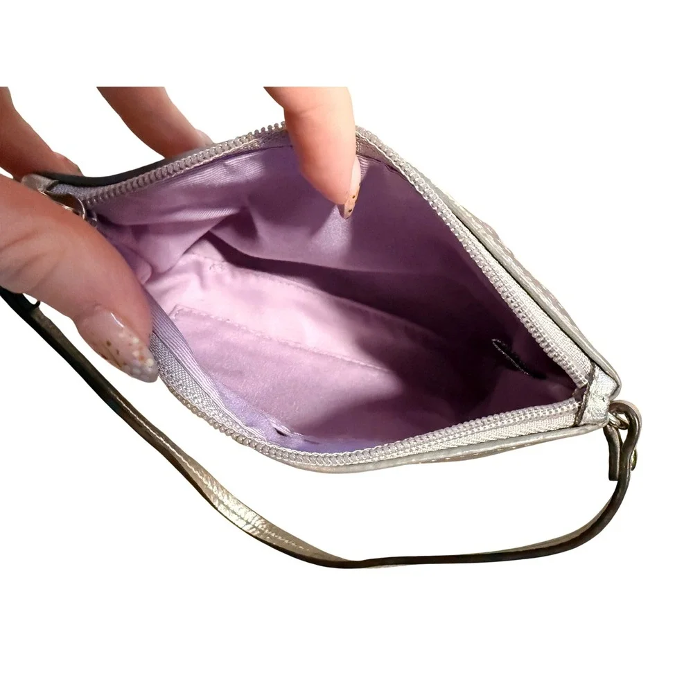 Coach Signature Jacquard Wristlet Silver Metallic Leather Trim Lavender Lining
